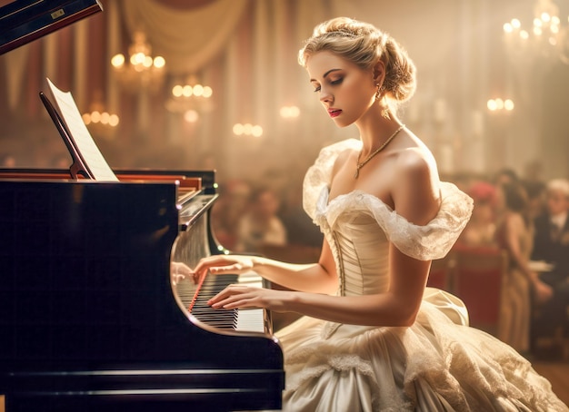 Dive into the world of classical music with our portrait of a young elegant female pianist Experience her passion as she plays bringing vintage melodies to life on the piano