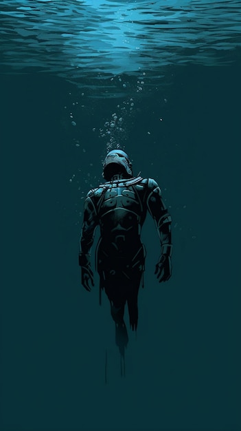 a diver in a blue suit under water with the words " the ocean " on the bottom.