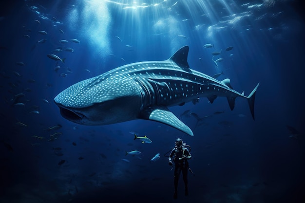 Diver capturing a photo of a whale shark the largest fish in the ocean