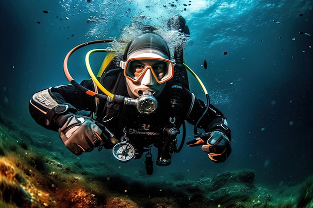 A diver in a diving suit is swimming under water.