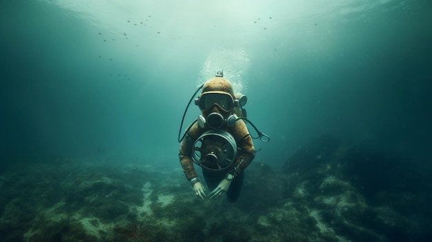 A diver in a diving suit is underwater.