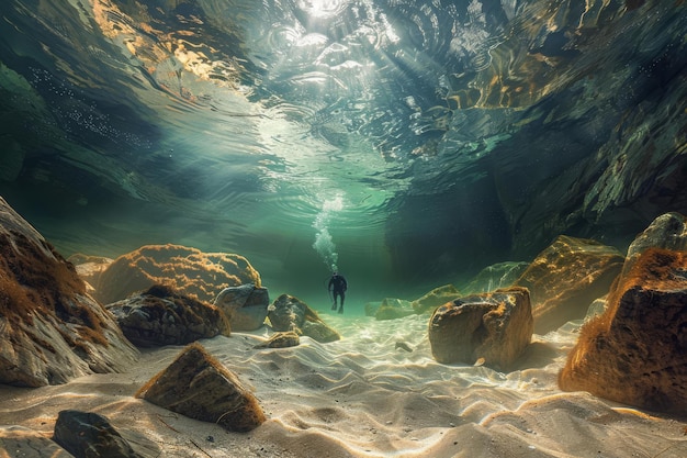 Foto un subacqueo che esplora un fiume sottomarino dove il sale e l'acqua dolce si incontrano creando effetti visivi surreali