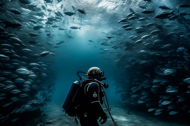 A diver in a fish tunnel