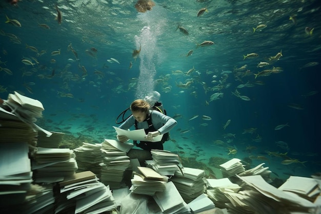 A diver is looking at a book under water with a diver and a book about fish