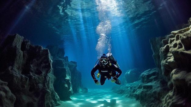 A diver is seen under water and is looking up at the water.