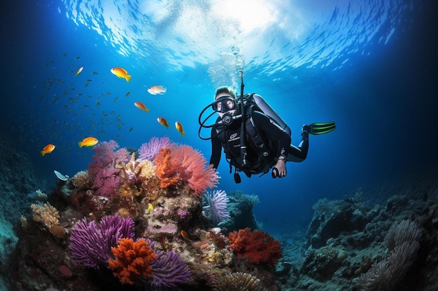 a diver is swimming over a coral reef.