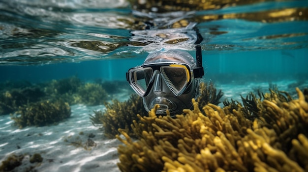 A diver in a mask is underwater in the water.