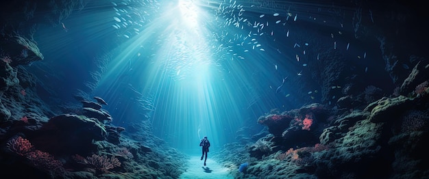 Foto un sommozzatore nell'oceano con un subacqueo e un pesce sullo sfondo