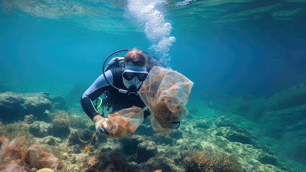 水中でプラスチックゴミを取り除くダイバー