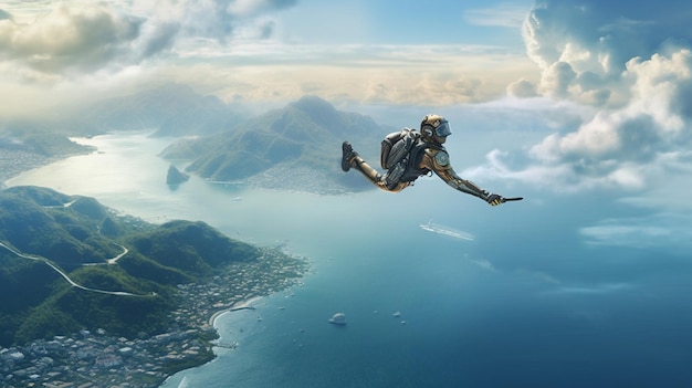 a diver in a scuba suit flies over a city.