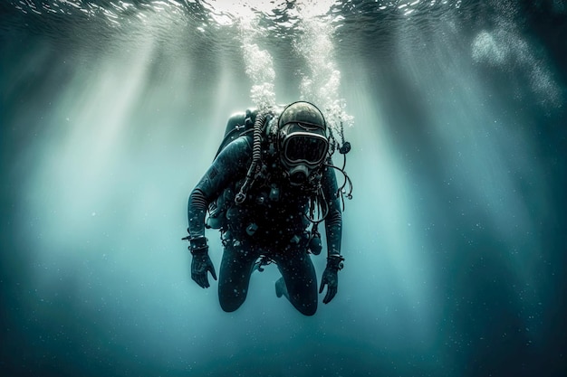 Diver in scuba suit sank to bottom and freediving