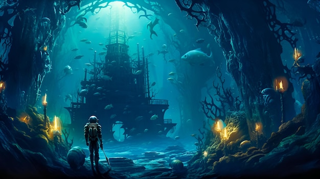 Diver in the sea world Deep ocean exploration AI generative