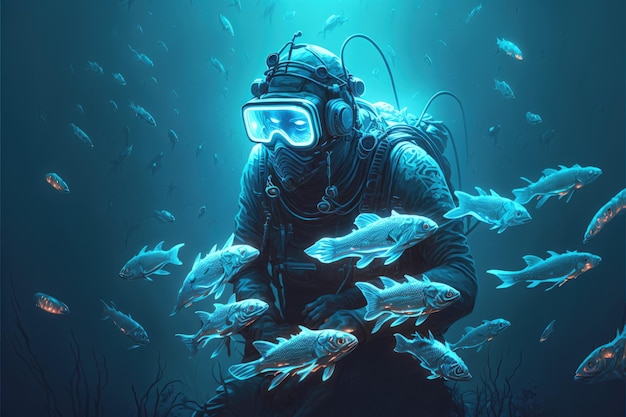 Diver surrounded by glowing fish in the ocean Fantasy concept Illustration painting Generative AI