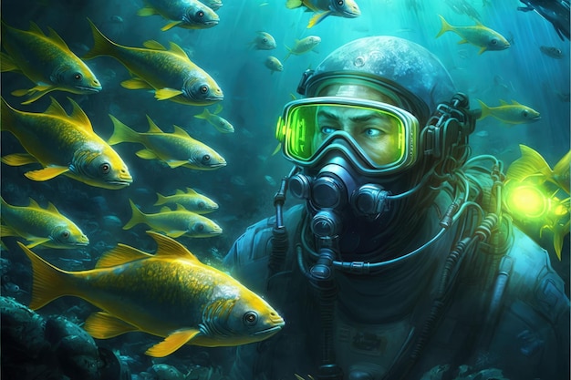 Diver surrounded by glowing fish in the ocean Fantasy concept Illustration painting Generative AI