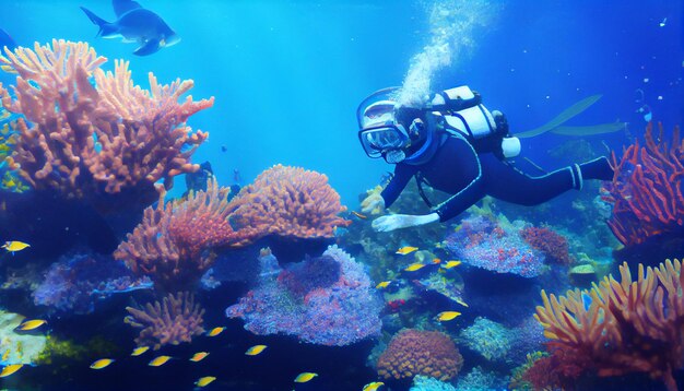 Photo a diver swims among corals and fish in the ocean.