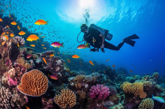 a diver swims over a coral reef.
