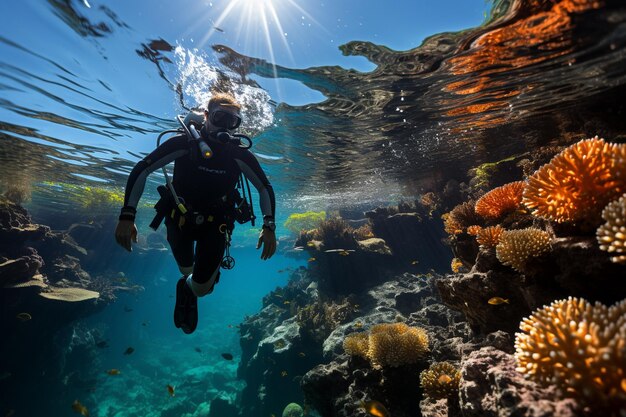 a diver swims over a coral reef.