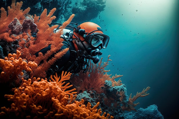 A diver swims among corals and corals.