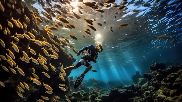 A diver swims past a school of fish.