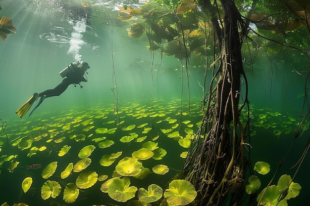 Photo a diver swims past a tree with the roots above