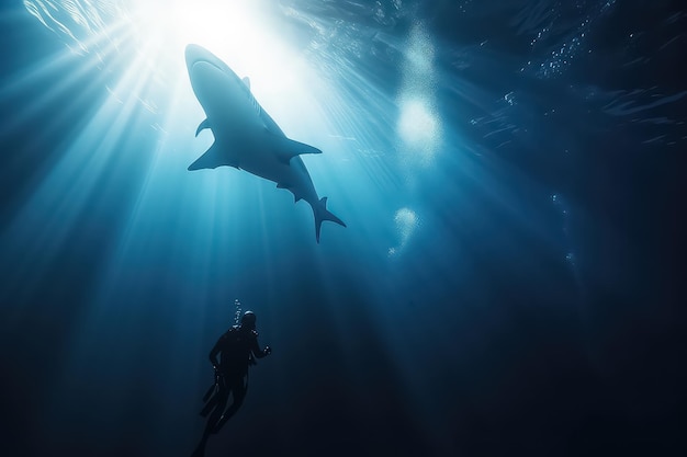 Дайвер плавает с акулой на Мальдивах в глубинах океана AI
