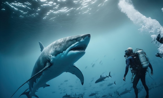 A diver swims with a shark in the water.