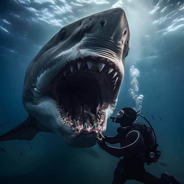 Photo diver touching a shark