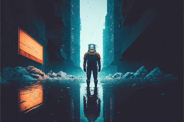 Photo diver underwater futuristic diver standing in a submerged town underwater digital art style illustration painting