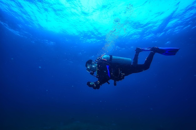 diver underwater unusual view, concept depth, diving in the sea