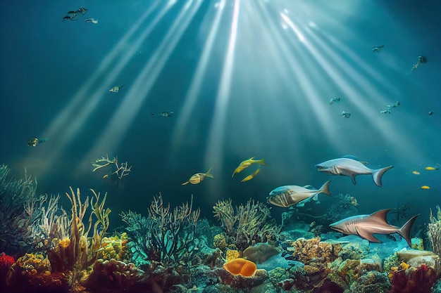 Diver underwater views with the rays of the sun and colorful fishes