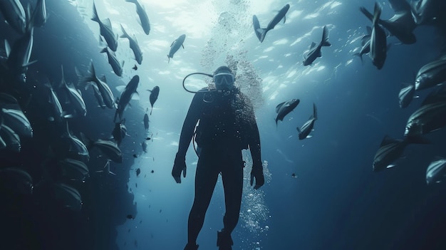 The diver wearing a diving suit dived into the deep sea and swam past a group of beautiful fish Low angle view high speed photography primitivism AI Generative