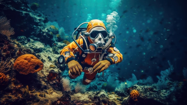 A diver in a yellow suit and a mask is swimming in the ocean.