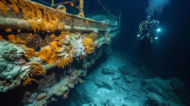 Водолазы исследуют подводные лодки под океаном