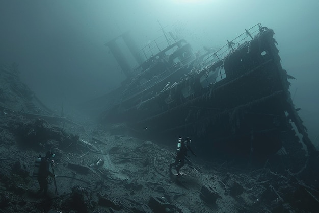 Divers Exploring Ancient Shipwrecks octane render