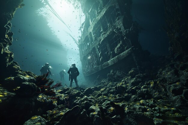 Divers Exploring Ancient Shipwrecks