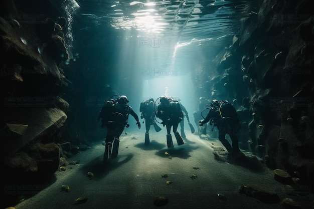 사진 바다의 터널을 탐험하는 다이버들