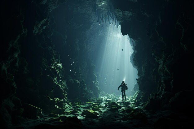 Фото Дайверы исследуют подводные пещеры