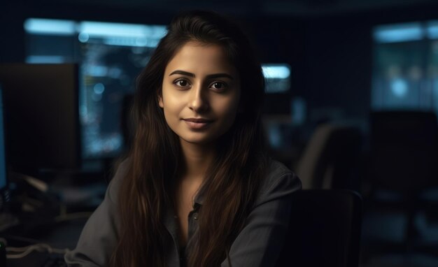 Divers kantoorportret van een prachtige Indiase it-programmeur die op een desktopcomputer werkt en glimlacht