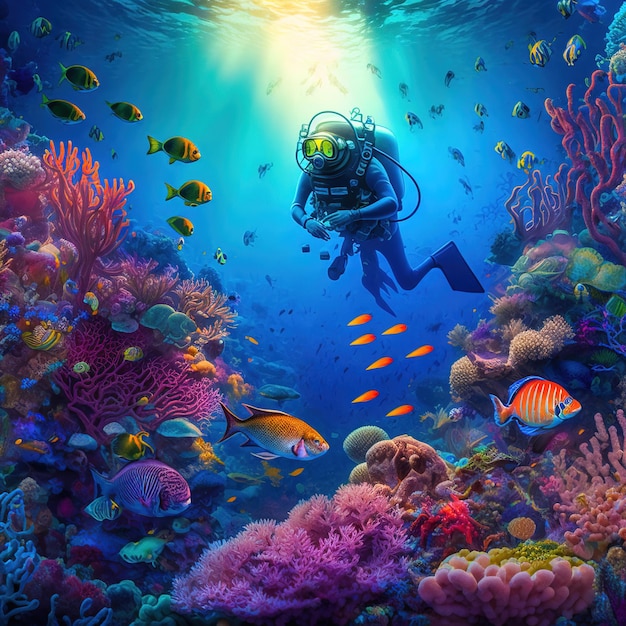 Divers near the beautiful coral reef surrounded by schools of colorful fish Generative AI