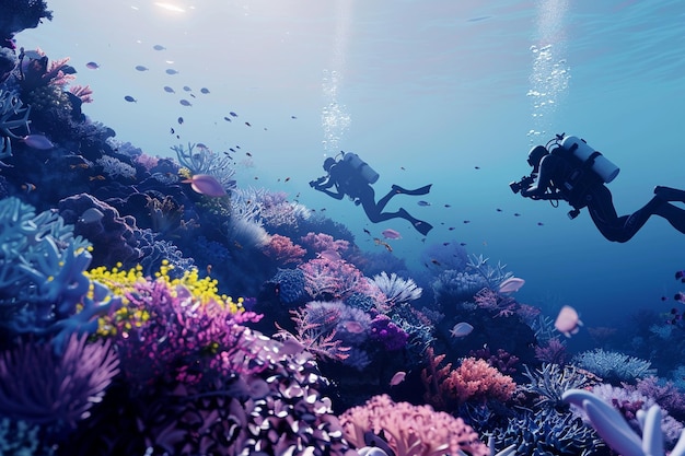 다이버 들 이 산호 를 사진 으로 찍고 있는 옥타인 렌더 k UHD