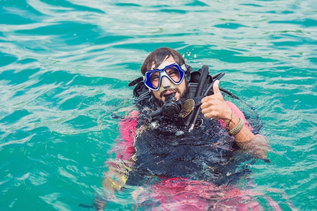 Divers on the surface of water ready to dive