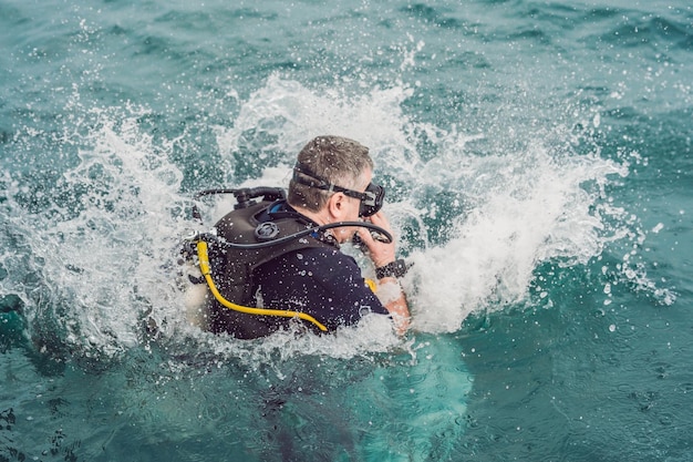 Divers on the surface of water ready to dive