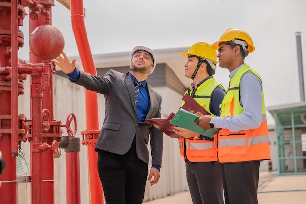 Divers team van specialisten op bouwplaats onroerend goed bouwproject met ingenieur, investeerder en zakenman die gebied controleren dat werkt aan civiele techniek Strategieplan bespreken