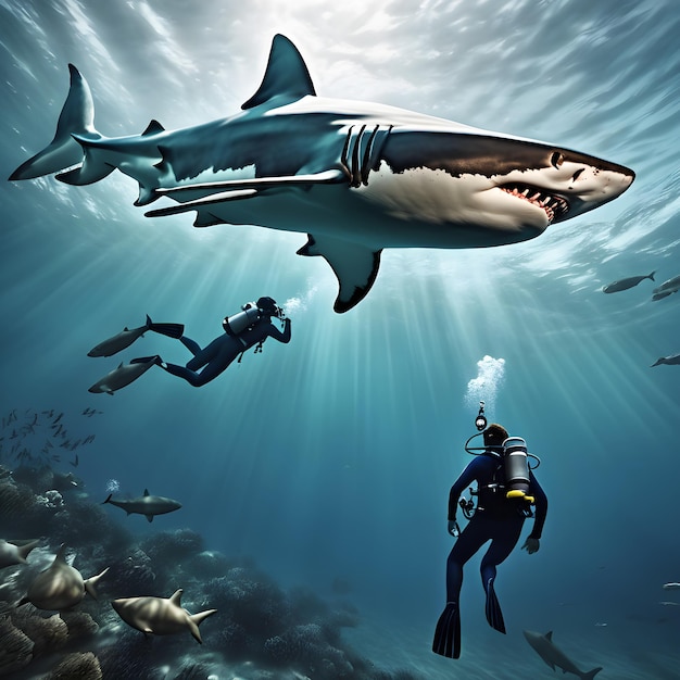 divers in the water with a great white shark ai generative