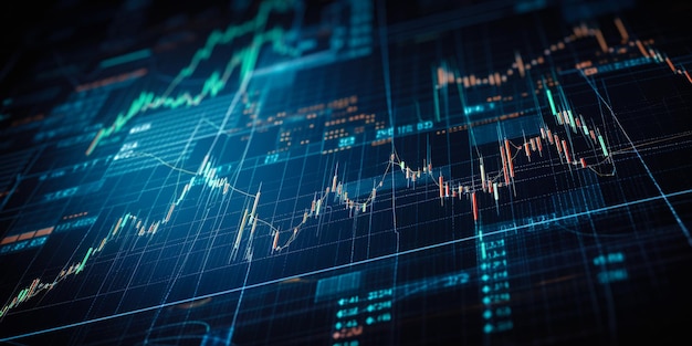 Diverse analyse van de aandelenmarkt in grafieken Handelsgegevens op digitaal LED-display close-up Lage kijkhoek Generatieve AI