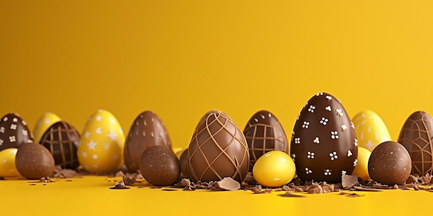 A diverse array of chocolate eggs with different patterns on a vivid yellow background some with visible cocoa shavings vibrant Easterthemed displays and promotions