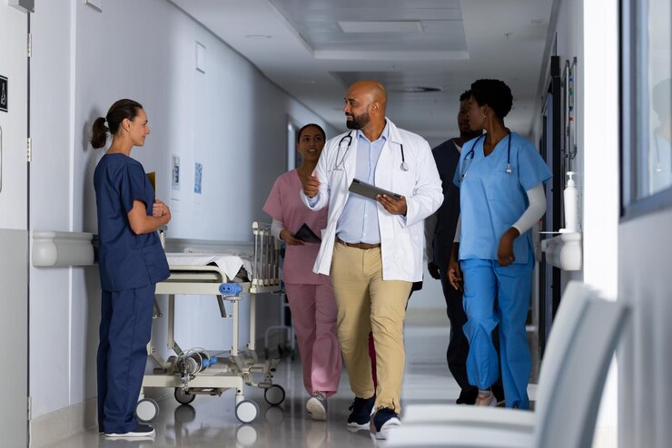 Foto diverse artsen bespreken het werk en lopen door de gang in het ziekenhuis