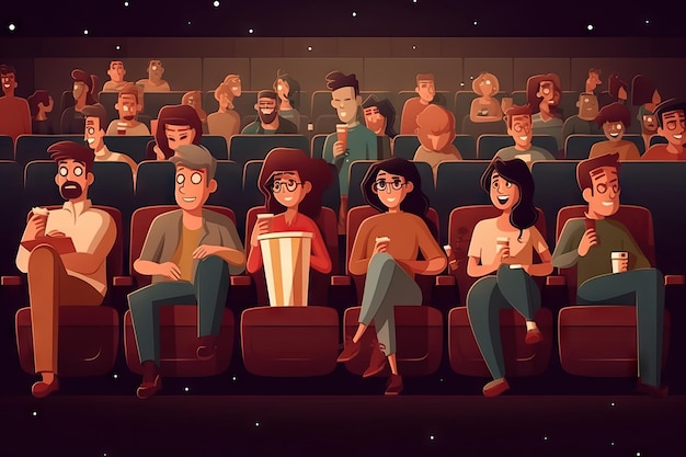 Разнообразная публика, смотрящая фильм в кинотеатре, возвращается к концепции классики кино, развлекается с друзьями