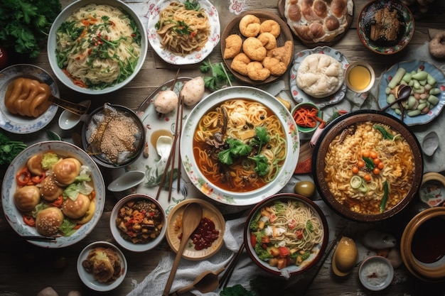 Diverse Aziatische gerechten in bovenaanzicht tegen een landelijke achtergrond Aziatische keuken idee