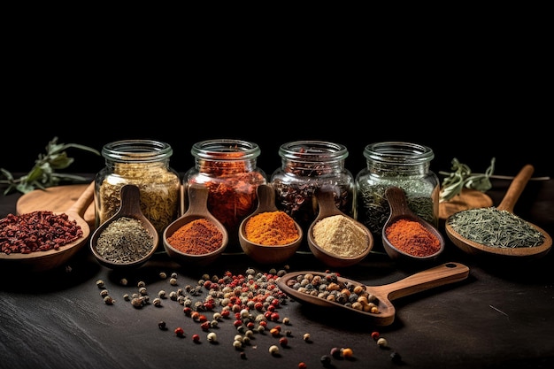 Diverse Aziatische specerijen en kruiden in poeder- en graansoorten in kom en glazen fles